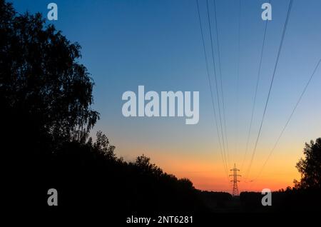 Il supporto dell'ancoraggio finale per le linee elettriche aeree con fili è all'orizzonte su una splendida pendenza di un cielo arancione vivido tramonto sopra la foresta scura, attraverso il Foto Stock