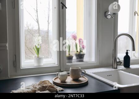 Moody primavera colazione ancora vita. Tazza di caffè, caraffa di latte su vassoio di legno Sfondo sfocato della finestra. Lavello in ceramica vintage e giacinto rosa Foto Stock