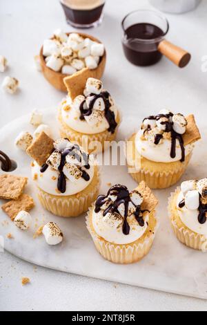 Cupcake Smores con piccoli marshmallow, cracker graham sbriciolati e sciroppo di cioccolato Foto Stock