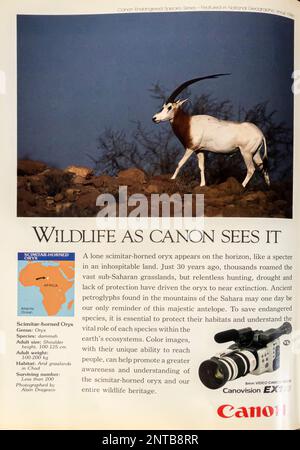 Video spot Canon da EX1 8 mm in una rivista NatGeo, dicembre 1991 Foto Stock