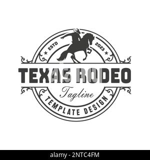 Logo Rodeo retro con logo e silhouette equestre. Distintivo rodeo vintage Wild West. Illustrazione vettoriale. Illustrazione Vettoriale