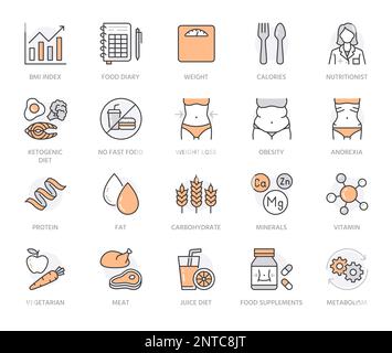 Set di icone linea piatta nutrizionista. Dieta alimentare, icone nutrizionali - proteine, grassi, carboidrati, adatta corpo vettore illustrazioni. Pittogramma di contorno per Illustrazione Vettoriale