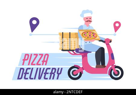 Consegna rapida di pizza. Chef su scooter porta il cibo in casa. Ordinare il pasto in pizzeria. Erogazione del servizio. Corriere in moto. Perni della mappa di navigazione Illustrazione Vettoriale