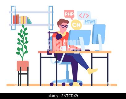 Programmatore freelance che lavora al suo progetto da casa. Lavoro remoto dello sviluppatore. Software di programmazione freelance. Uomo seduto al tavolo. Codice digitale Illustrazione Vettoriale