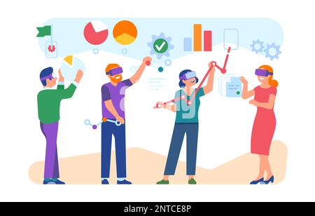 Uomini e donne lavorano con i dati aziendali in realtà virtuale. Persone che utilizzano il visore VR. Tecnologia innovativa. Uomini d'affari in occhiali digitali. Moderno Illustrazione Vettoriale