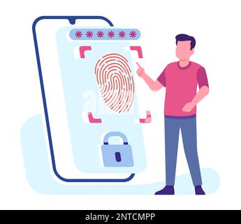 Scansione delle impronte digitali sul telefono. Tecnologia di protezione della privacy. Scansione delle dita dello smartphone. Identificazione uomo. Scanner dello schermo della periferica. Applicazione mobile Illustrazione Vettoriale