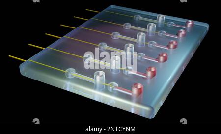 Dispositivi microfluidici trasparenti. Illustrazione di rendering T3D. Foto Stock