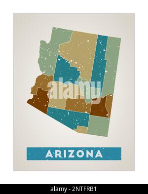 Mappa dell'Arizona. Poster dello stato DEGLI STATI UNITI con le regioni. Vecchia trama grunge. Forma dell'Arizona con il nome dello stato degli Stati Uniti. Interessante illustrazione vettoriale. Illustrazione Vettoriale