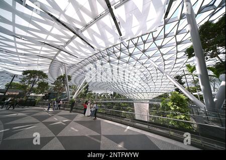 Visitatori in posa per le foto al Parco Canopy all'Aeroporto Jewel Changi, con il vortice di pioggia e Oculus sullo sfondo, febbraio 2023 Foto Stock