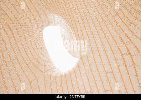 Struttura scultorea realizzata con componenti in polvere di alluminio ultrasottili autoportanti. Foro, dettaglio. Forma futuristica e tecnologica cyber Sci fi. Textur Foto Stock