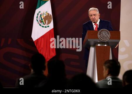Non esclusiva: 27 febbraio 2023, Città del Messico, Messico: Il presidente messicano Andres Manuel Lopez Obrador alla conferenza stampa quotidiana al mattino presso i nati Foto Stock