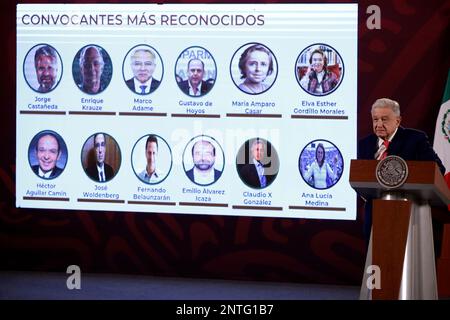 Non esclusiva: 27 febbraio 2023, Città del Messico, Messico: Il presidente messicano Andres Manuel Lopez Obrador alla conferenza stampa quotidiana al mattino presso i nati Foto Stock
