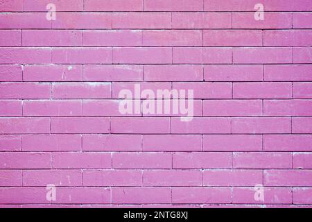 Primo piano su una parete in mattoni dipinta in viola. Foto Stock
