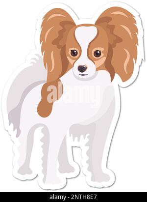 Cartoon papillon cane adesivo isolato su sfondo trasparente. Carino vettore piccolo animale domestico. Animale domestico con orecchie lunghe. Illustrazione Vettoriale