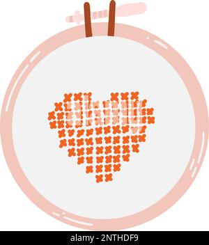Cerchio con cuore ricamato a croce. Illustrazione disegnata a mano di hobby, agugliatura, satin e punto a croce. Illustrazione Vettoriale