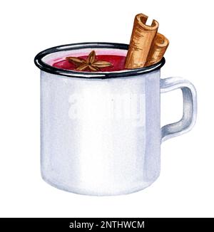 Tazza acquerello con VIN brulé e disegno, illustrazione della bevanda calda. Ideale per menu, carta, cibo sfondo Foto Stock