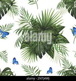 Motivo senza cuciture tropico foglie Monstera e farfalla acquerello isolato su sfondo bianco. Acquerello disegno a mano di Llustrazione botanica per il disegno Foto Stock