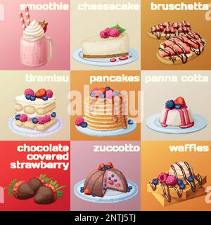 Collezione di dessert di frutti di bosco. Icone vettoriali in stile cartoon. Illustrazione del cibo dolce del Berry impostata su uno sfondo quadrato dai colori luminosi Illustrazione Vettoriale