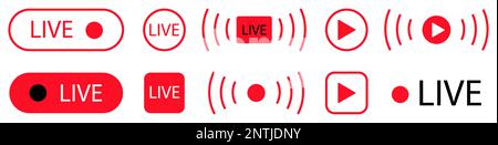 Set di icone per lo streaming live. Progettazione per lo streaming, trasmissioni dal vivo, blog, televisione, spettacoli, spettacoli dal vivo, notizie Illustrazione Vettoriale
