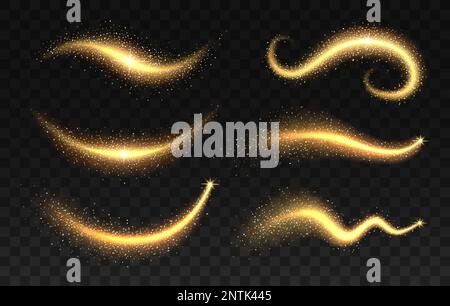 Golden Magic DUST Trail, brillantezza dorata e stella luminosa. Set vettoriale di onde a effetto luce parassita. Vortice magico, scintille scintillanti. Wand traccia, incantesimo, mago o fata fulmini luccicanti Illustrazione Vettoriale