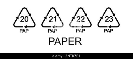 Segnali di riciclaggio della carta o del cartone. 20, 21, 22, 23 PAP in forme triangolari con frecce. Icone riutilizzabili isolate su sfondo bianco. Ambientale Illustrazione Vettoriale