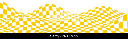 Sfondo a scacchi ondulato. Struttura deformata con quadrati arancioni e bianchi. Ondulare scacchiera, plaid in tessuto, pavimento piastrellato Illustrazione Vettoriale