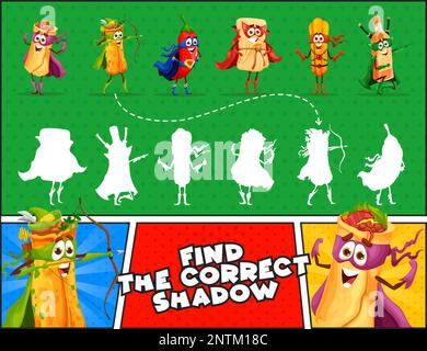 Trova l'ombra corretta dei personaggi dei supereroi del cibo messicano fumetti retrò. Foglio di lavoro per giochi di corrispondenza vettoriale per bambini con enchiladas, burrito, peperoncino e tamales, churros o tequila pasti supereroe Illustrazione Vettoriale