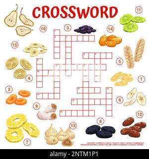 Frutta secca e snack griglia trasversale. Trova un foglio di lavoro di un gioco a quiz di parole, un'attività di gioco di testo per bambini o un modello vettoriale di pagina di un libro enigmi. Puzzle intellettuale per bambini, test del vocabolario con spuntini Illustrazione Vettoriale