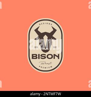 bestia testa bisonte savana colonia animale forte badge vintage logo disegno vettore icona illustrazione Illustrazione Vettoriale
