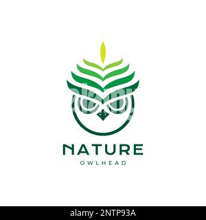 arte gufo testa verde foglie natura animale notturno carnivoro logo disegno icona vettore illustrazione Illustrazione Vettoriale