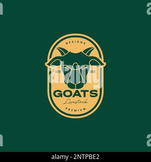 testa capra bovini fattoria latte carne badge vintage logo disegno vettore icona illustrazione Illustrazione Vettoriale