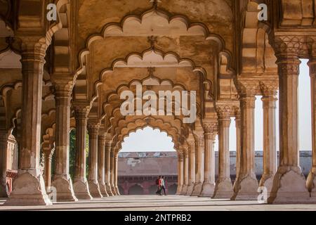 Visitatori, Diwan sto (Hall di pubblico), al Forte di Agra, sito Patrimonio Mondiale dell'UNESCO, Agra, India Foto Stock