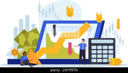 Stile piatto economia composizione crisi con simboli di declino economico calcolatrice e triste persone vettore illustrazione Illustrazione Vettoriale