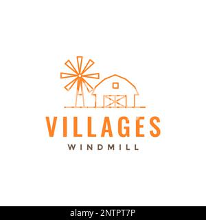 cultura home villaggio legno mulino a vento magazzino linea logo disegno vettore icona Illustrazione Vettoriale