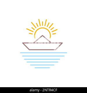 carta barca sunburst acqua mare linea minima moderno logo design vettore Illustrazione Vettoriale