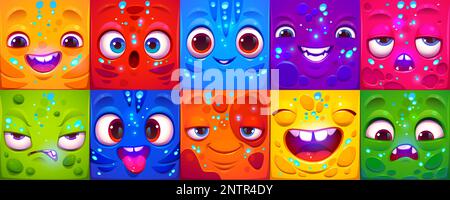 Set di cartoni animati di simpatici emoji quadrati con emozioni diverse. Illustrazione vettoriale di volti divertenti di colore neon sorridenti, arrabbiati, annoiati, spaventati, sorpresi, pazzo, ridendo. Personaggi del gioco. Simboli dei messaggi di conversazione testuale Illustrazione Vettoriale