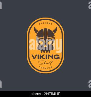 casco da cranio guerriero viking nordic fiaba vintage badge logo disegno vettore icona illustrazione Illustrazione Vettoriale
