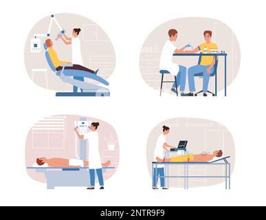 Quattro apparecchiature di diagnosi medica composizione piatta Set esami medici con campionamento del sangue ecografia ecg illustrazione vettore Illustrazione Vettoriale