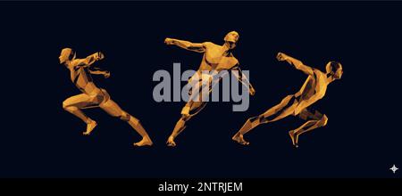 Running man o maratona runner. Modello del corpo umano 3D. Design per lo sport. Illustrazione vettoriale composta da particelle. Illustrazione Vettoriale