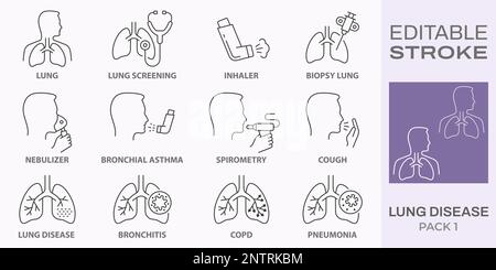 icone delle malattie polmonari, come polmonite, tosse, bronchite, spirometria e altro ancora. Tratto modificabile. Illustrazione Vettoriale