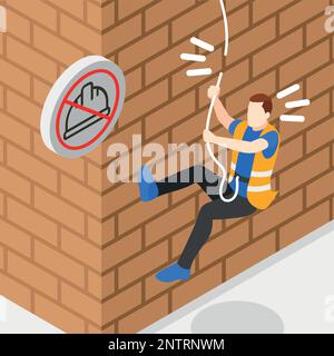 Precauzioni di sicurezza sul luogo di lavoro concetto isometrico con l'uomo che cade da alto vettore illustrazione Illustrazione Vettoriale