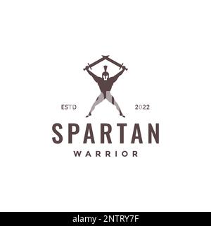 guerriero spartano con le spade guerra regno leggenda hipster logo disegno vettore icona illustrazione Illustrazione Vettoriale