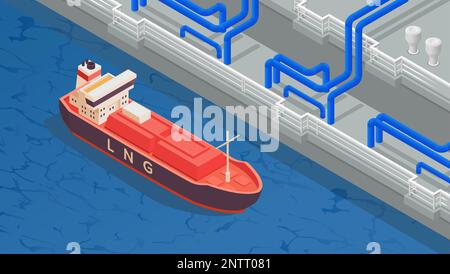 Settore gas sfondo isometrico con ormeggio autocisterna attrezzato per lo scarico lng vettore illustrazione Illustrazione Vettoriale