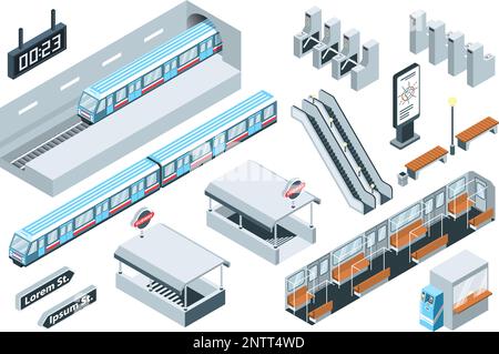 Icone isometriche della metropolitana con treni sotterranei e stazioni passanger isolato illustrazione vettoriale Illustrazione Vettoriale