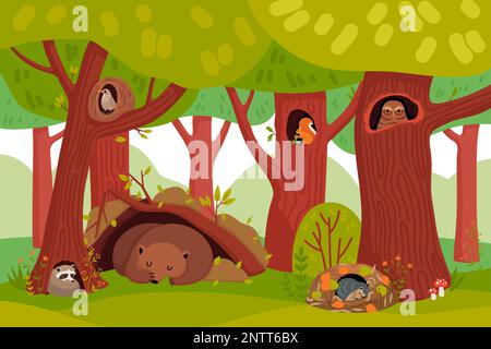 Estate fauna cartoon sfondo con animali della foresta che vivono in alberi buchi e buchi piano vettore illustrazione Illustrazione Vettoriale