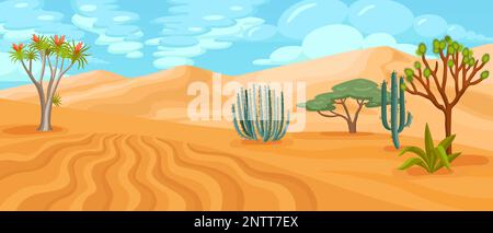 Cartoni animati del deserto illustrazione orizzontale con diverse forme di cactus alberi e cespugli a dune sabbiose sfondo illustrazione vettoriale Illustrazione Vettoriale
