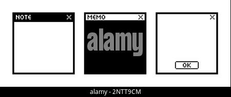 Set di illustrazioni vettoriali in bianco e nero della finestra del browser Web in stile pixel art. Finestra a comparsa vuota. Carta modello per note adesive, memo. Isolare Illustrazione Vettoriale