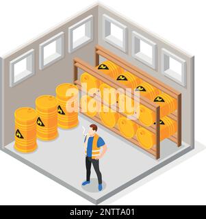 Concetto di precauzione di sicurezza sul luogo di lavoro con operatore che fuma vicino a oggetti infiammabili illustrazione vettoriale isometrica Illustrazione Vettoriale