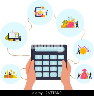 Economia crisi piatta composizione con mani umane in mano calcolatrice e recessione economica simboli finanziari illustrazione vettore Illustrazione Vettoriale