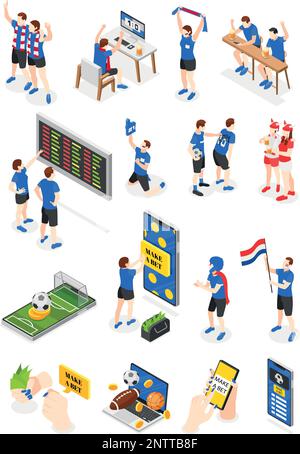 Sport scommesse icone isometriche insieme con tifosi di calcio isolato vettore illustrazione Illustrazione Vettoriale